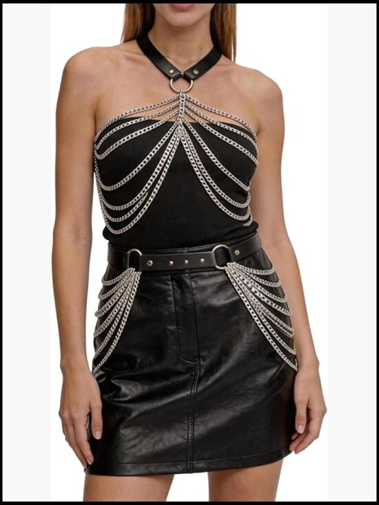 2-Piece Body Chain Harness Set Adjustable Faux Leather Belt Punk Gothic Festival